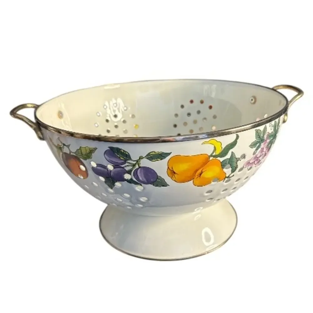 Vintage Porcelain Enamel Lined Fruit Print Colander by Tabletops Unlimited